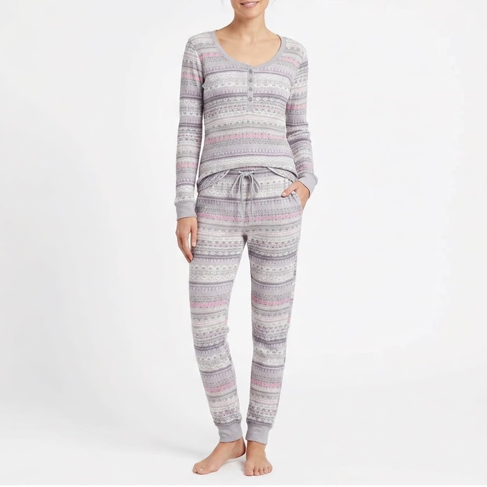 Splendid Womens Purple Fair Isle Waffle Knit Thermal Pajama Set Henley S